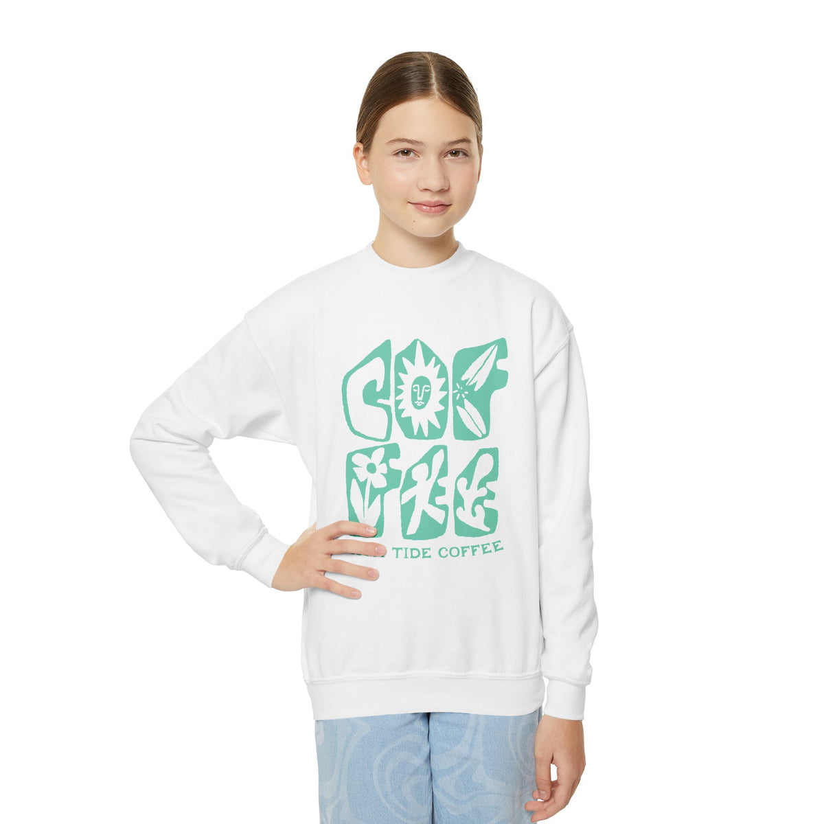Youth Crewneck Sweatshirt – Good Vibes High Tide Coffee Beach Design