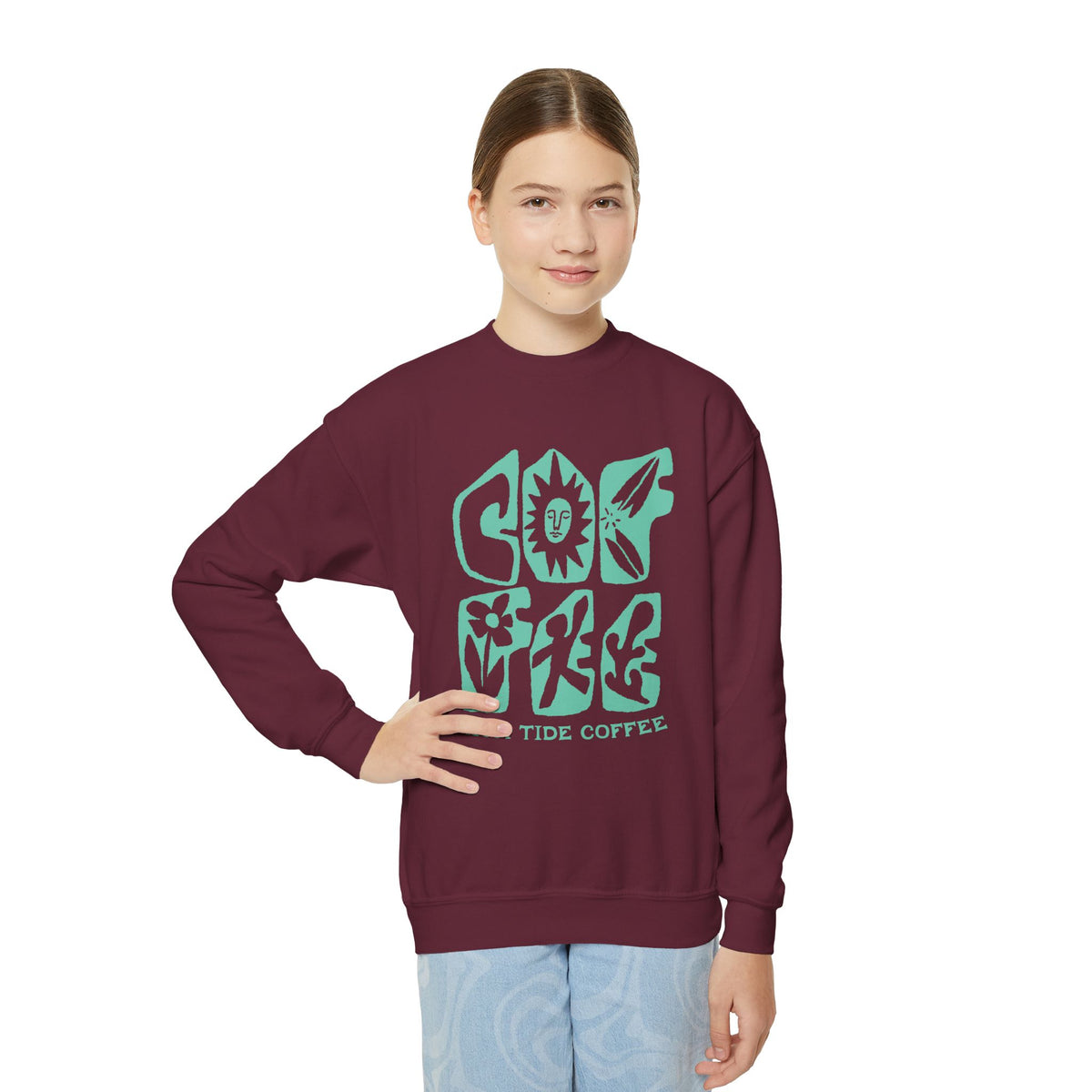 Youth Crewneck Sweatshirt – Good Vibes High Tide Coffee Beach Design