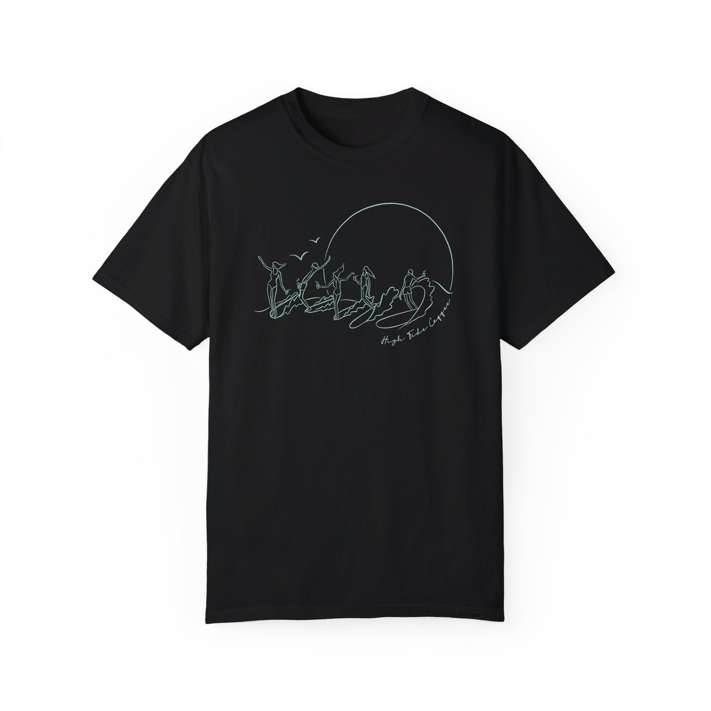 Black Tee Shirt with five surfers on one wave