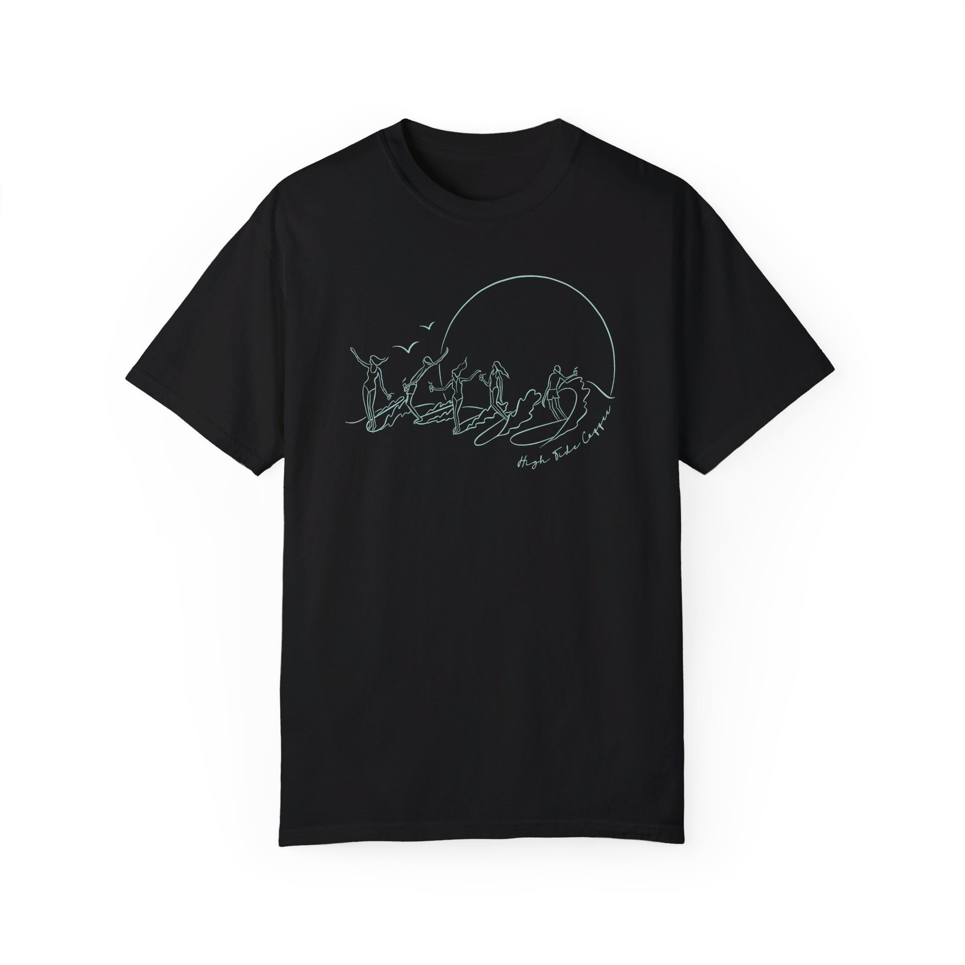 Black Tee Shirt with five surfers on one wave