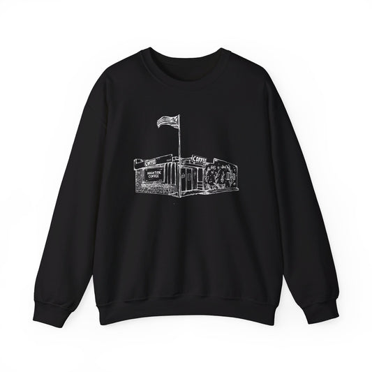 black sweatshirt with picture of a coffee shop on it