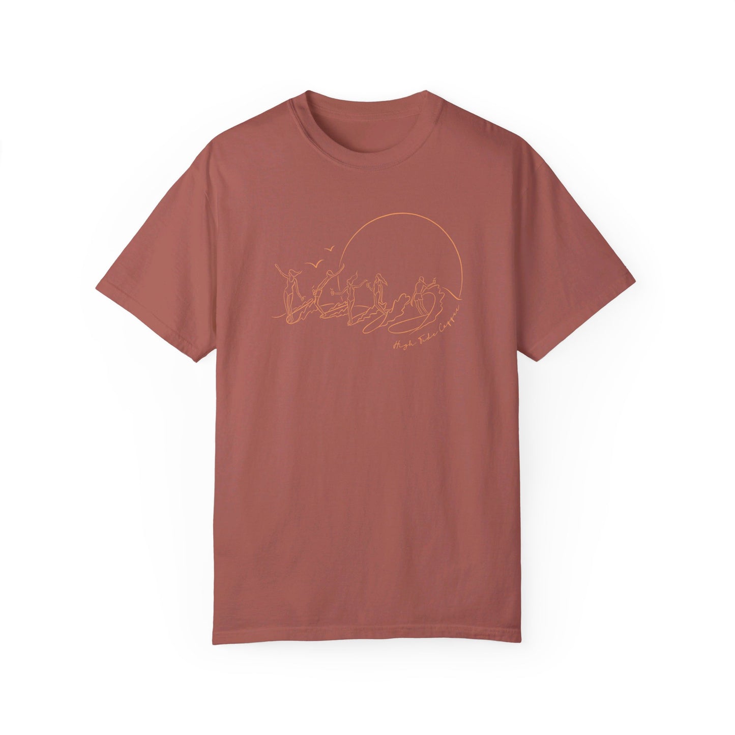 Burnt Red Tee Shirt with five surfers on one wave