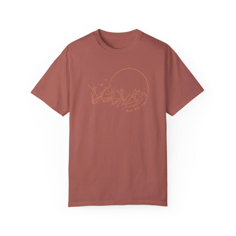 Burnt Red Tee Shirt with five surfers on one wave