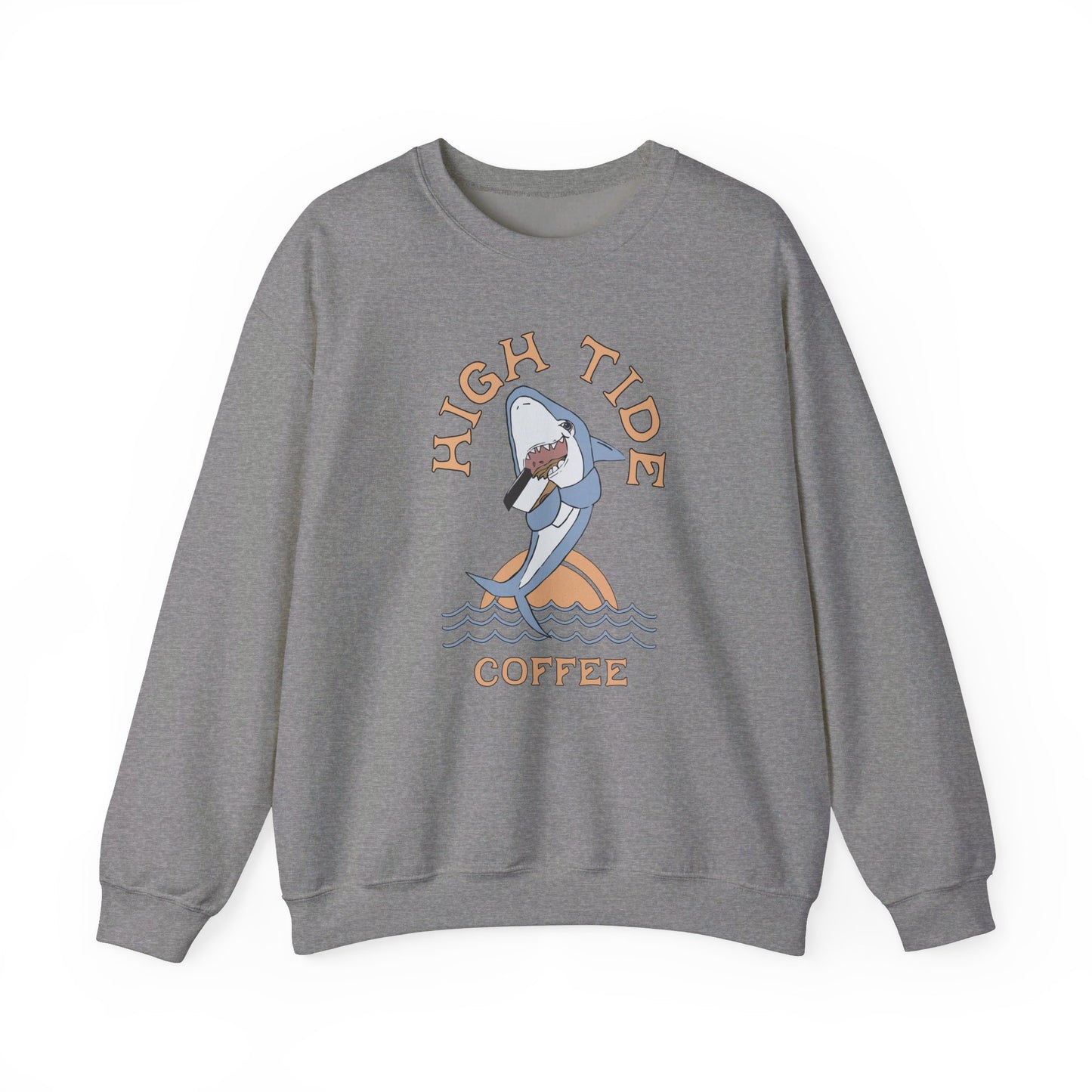 heather gray sweatshirt with a shark drinking coffee