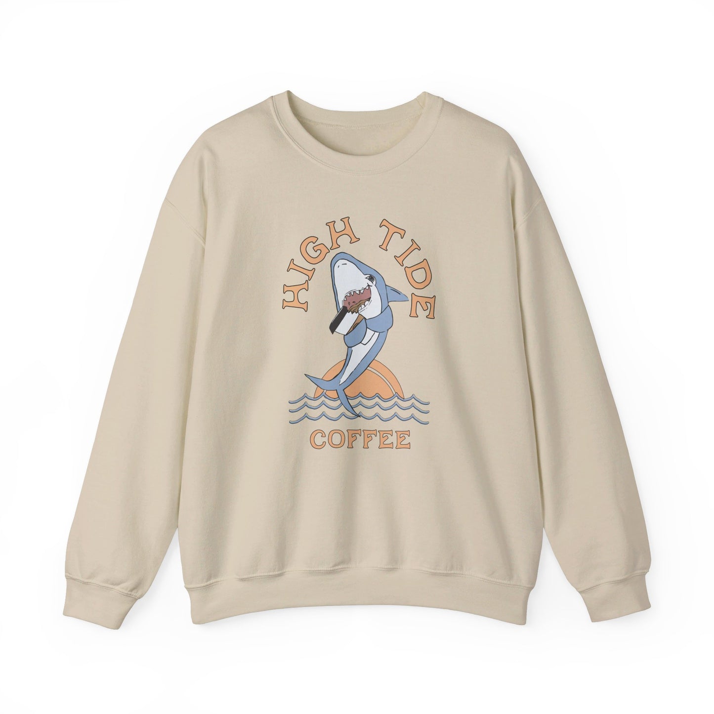 Ivory sweatshirt with a shark drinking coffee