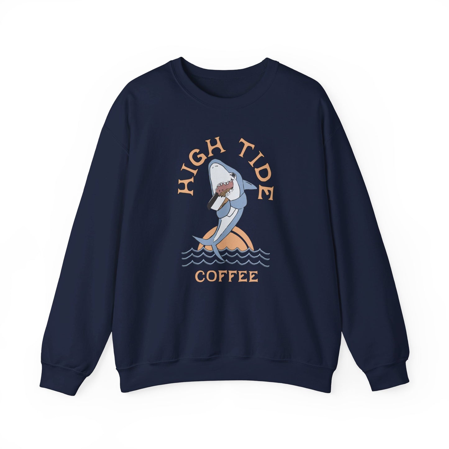 Nayy sweatshirt with a shark drinking coffee