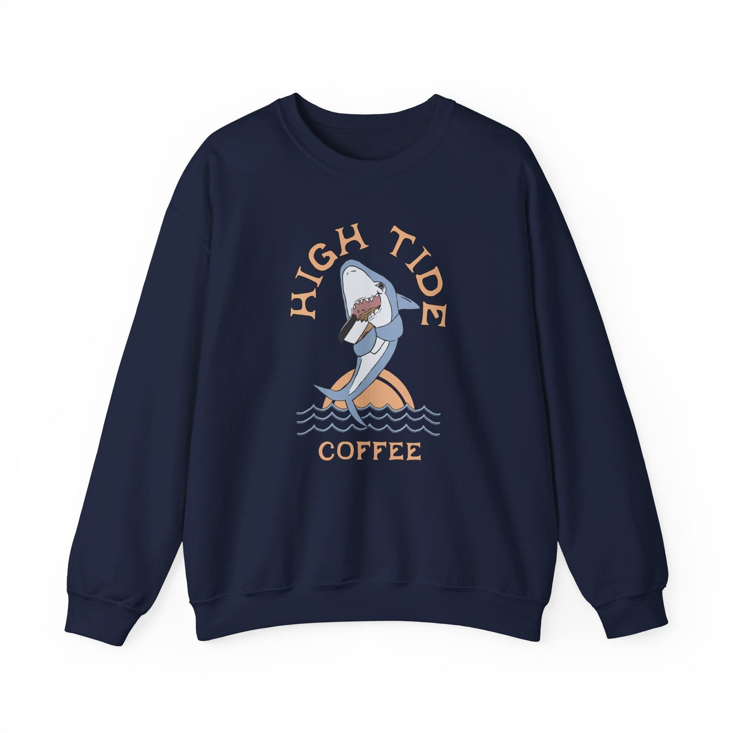 Nayy sweatshirt with a shark drinking coffee