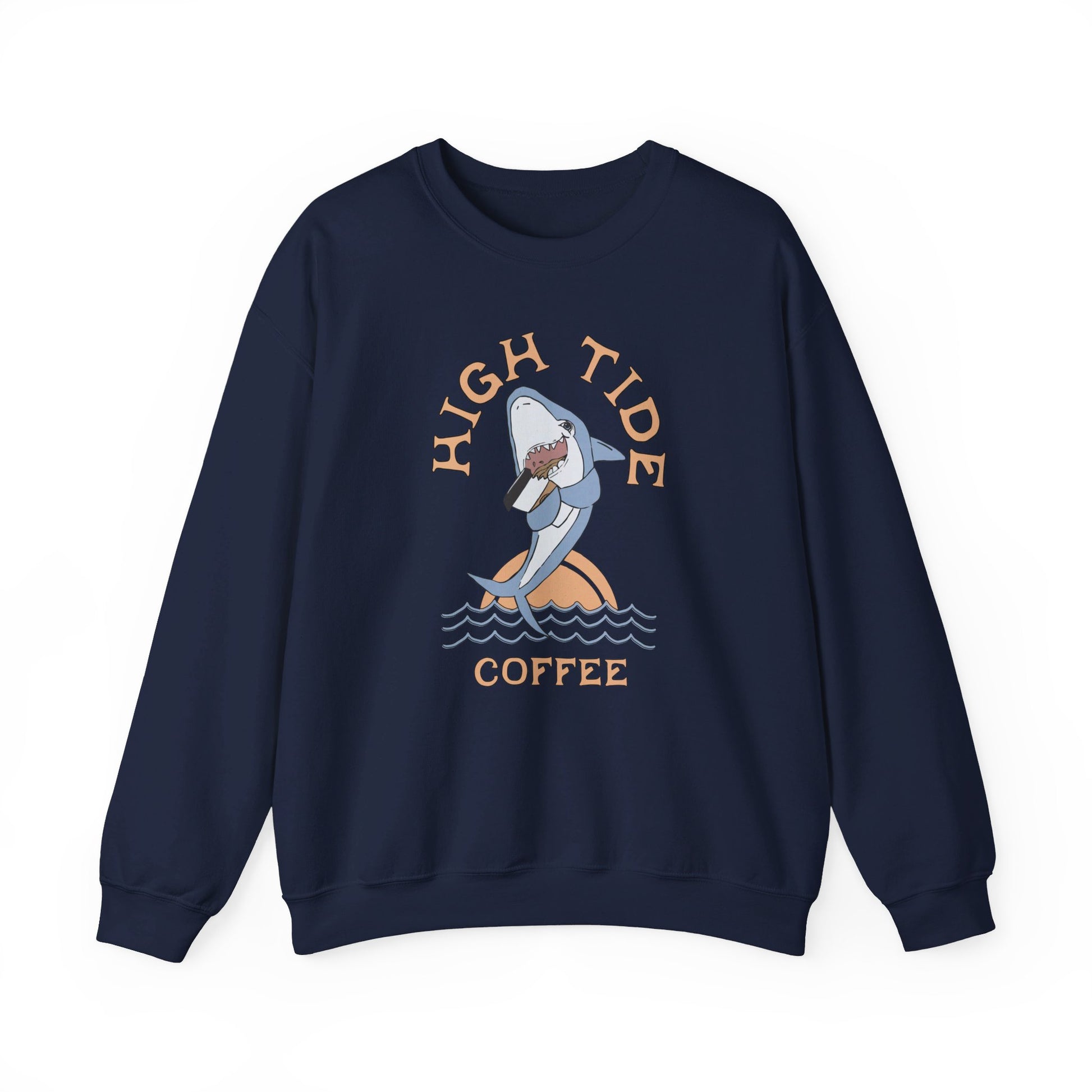 Nayy sweatshirt with a shark drinking coffee