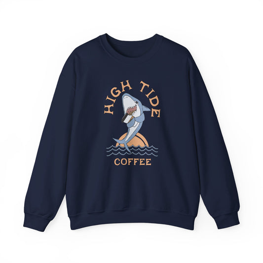 Nayy sweatshirt with a shark drinking coffee