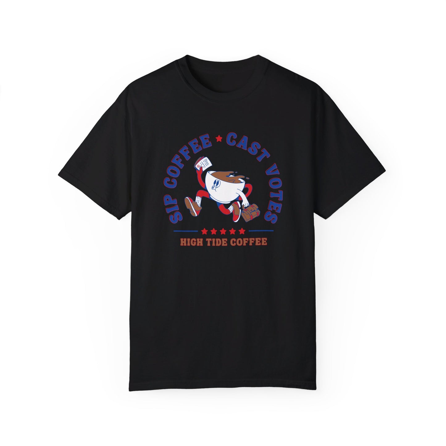 Black tee that says sip coffee cast votes