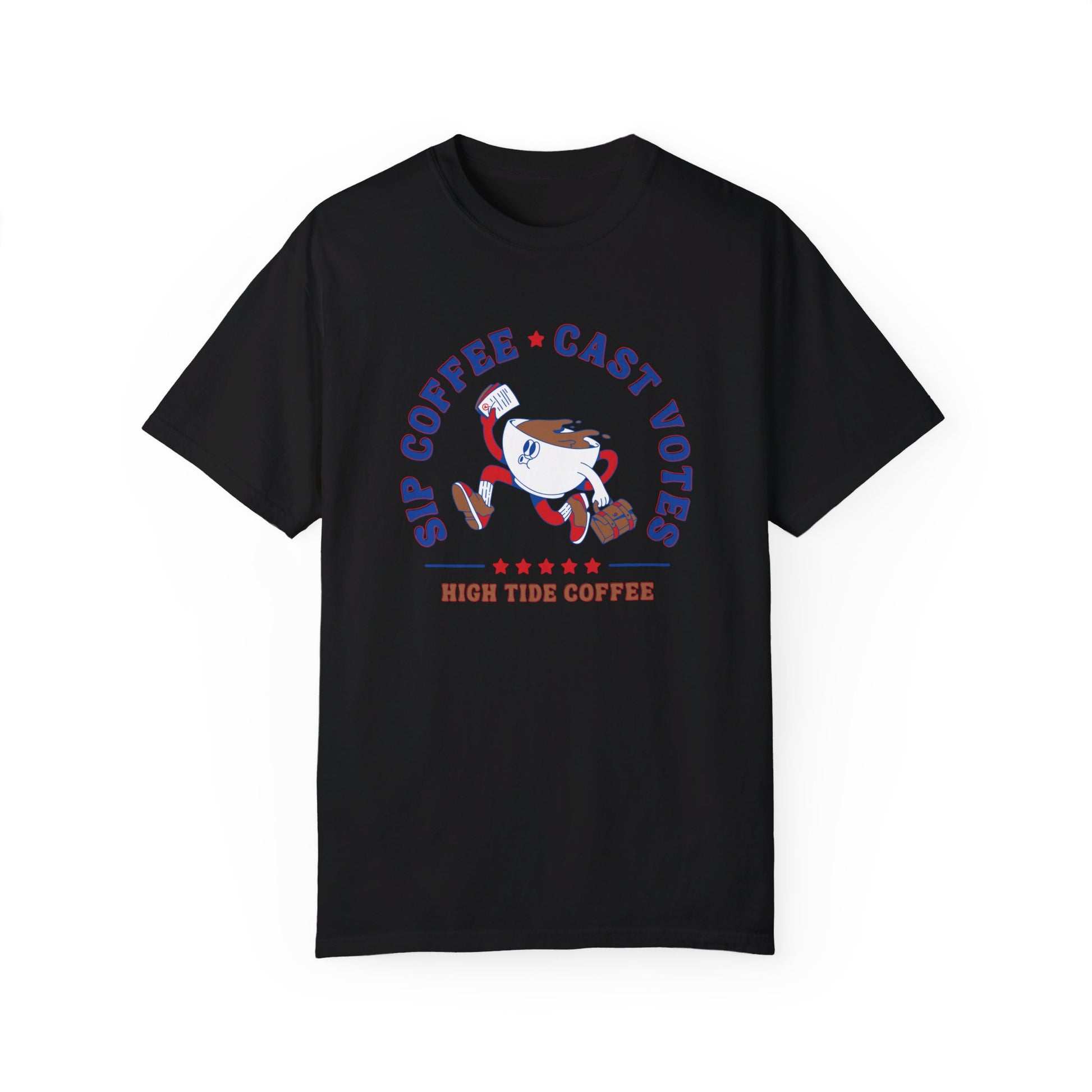 Black tee that says sip coffee cast votes