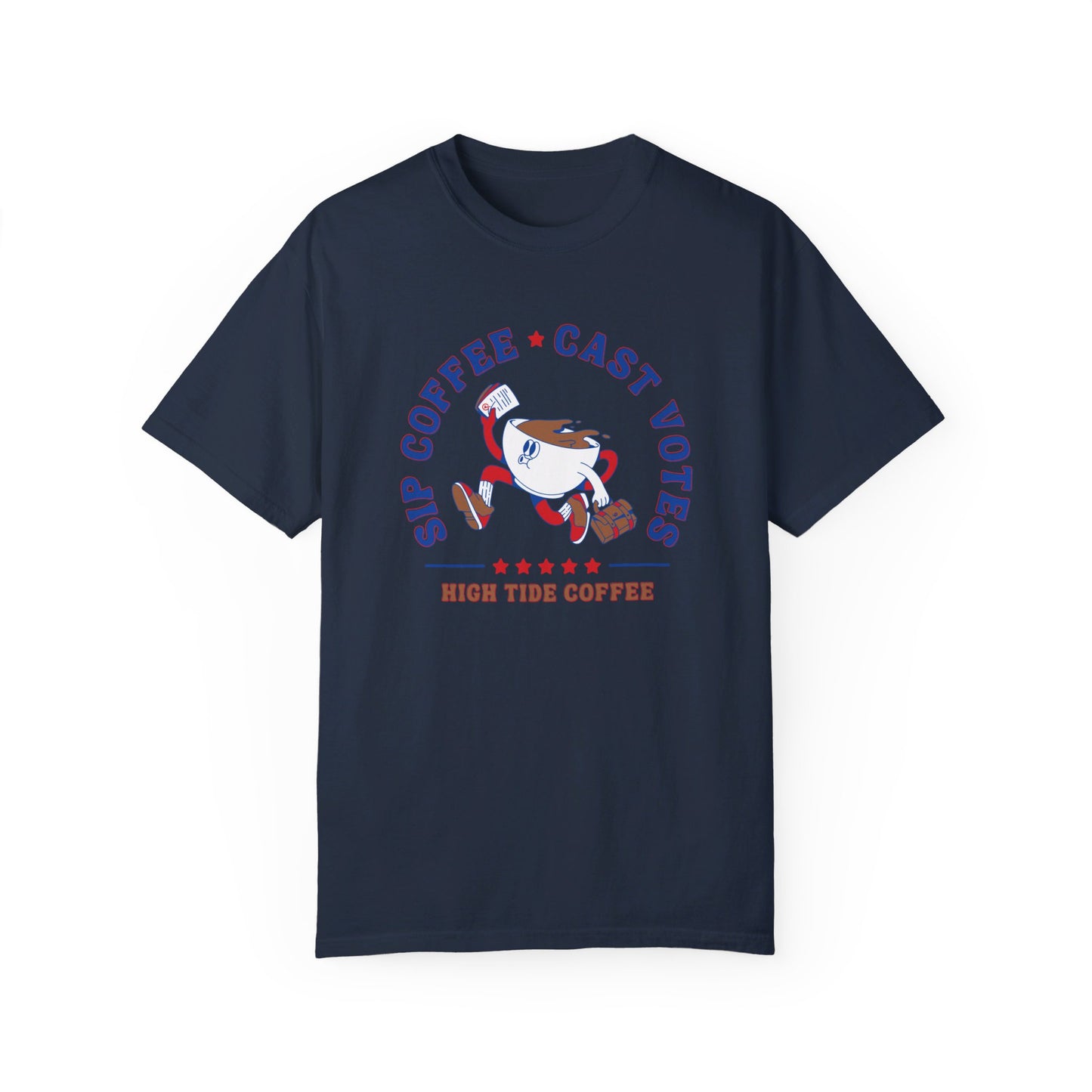 Dark Blue tee that says sip coffee cast votes