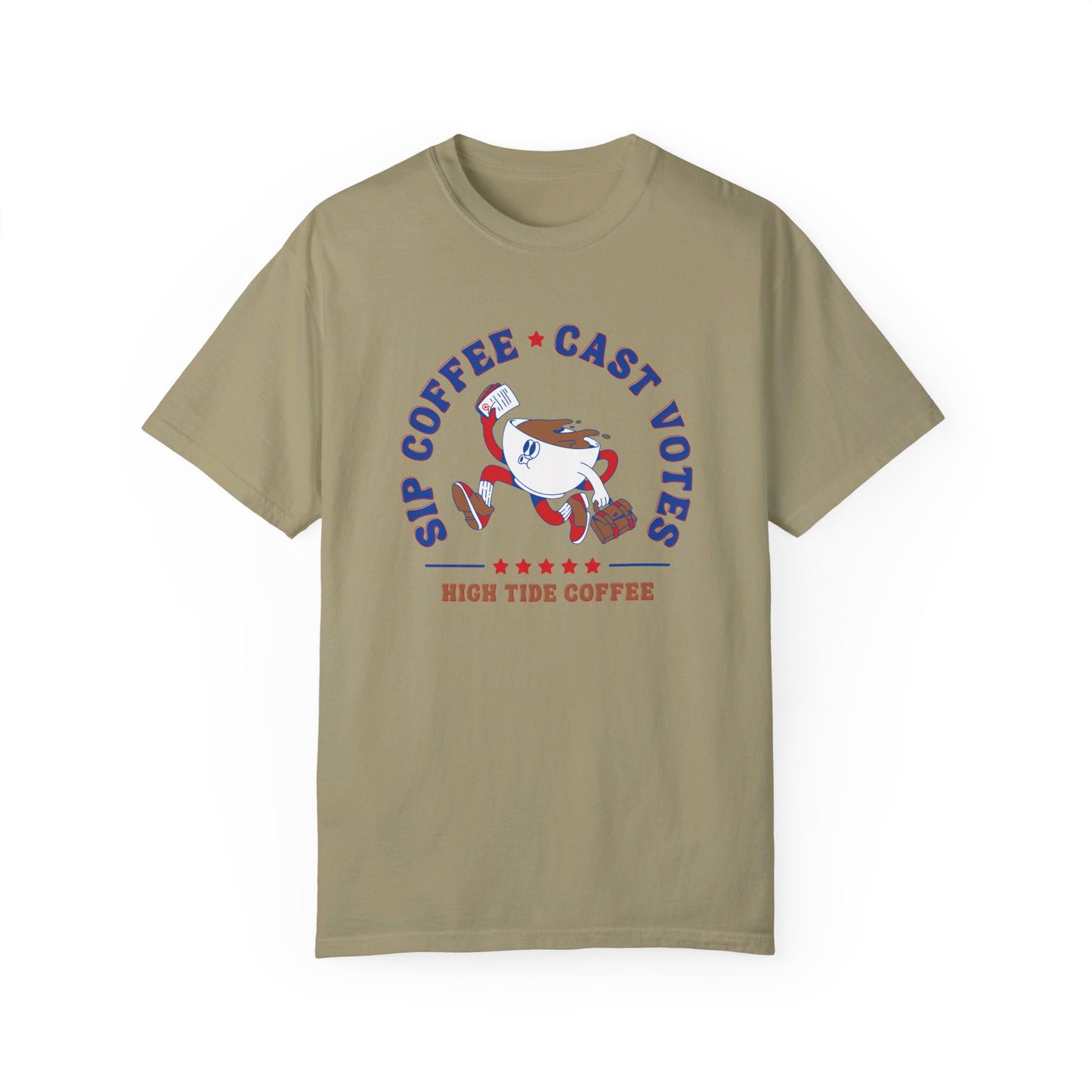 Green tee that says sip coffee cast votes