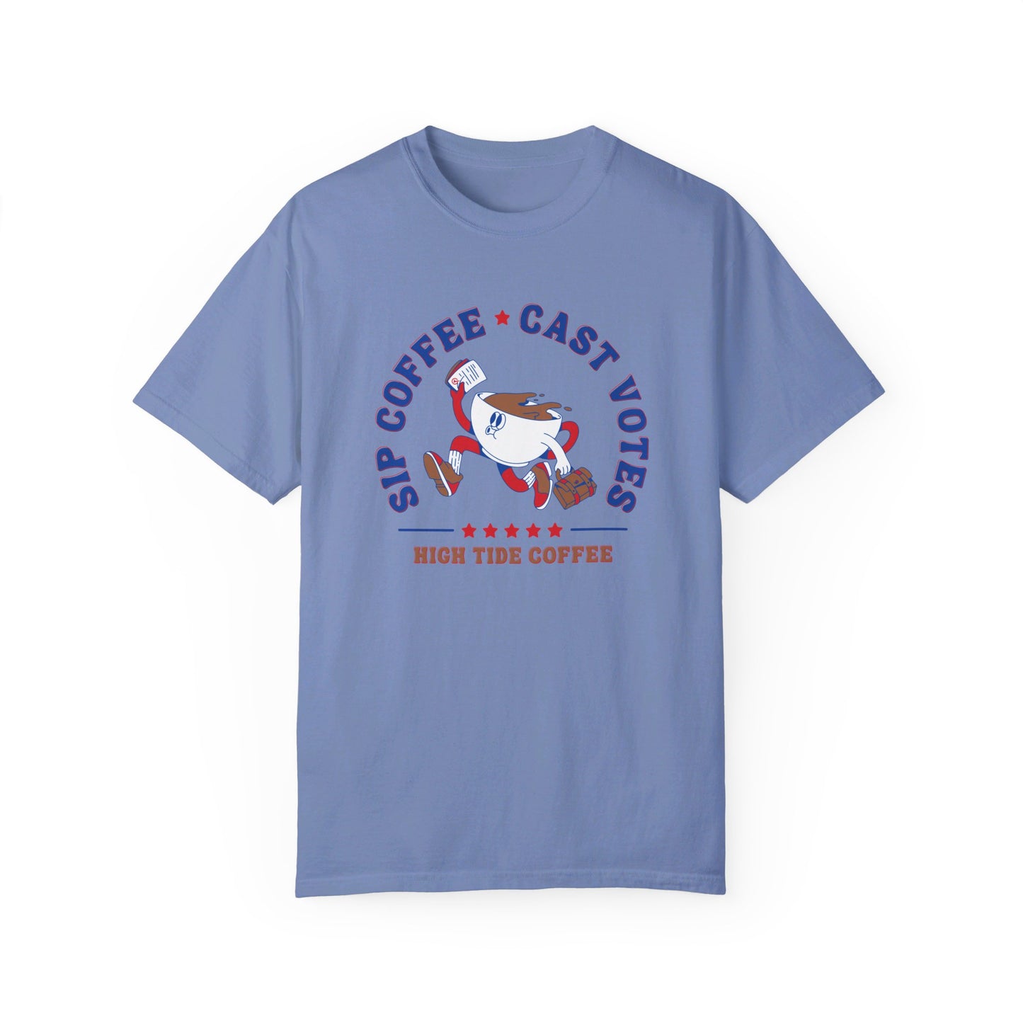 Light Blue tee that says sip coffee cast votes