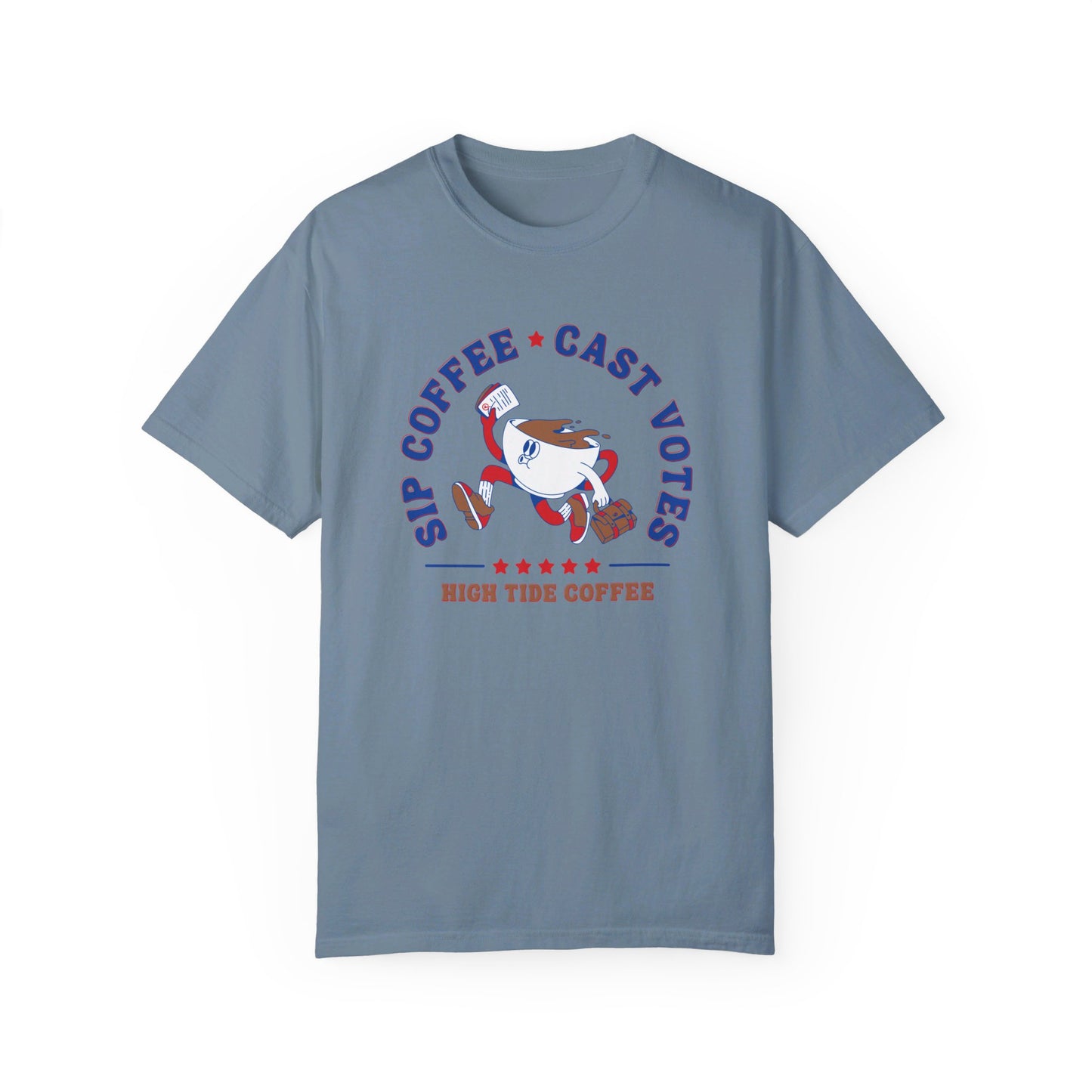 Steel tee that says sip coffee cast votes