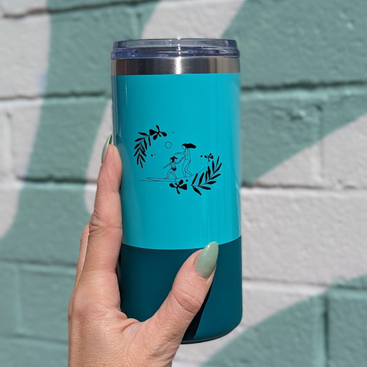 Coffee Tumbler with an Graphic of a mother and daughter surfing printed on it