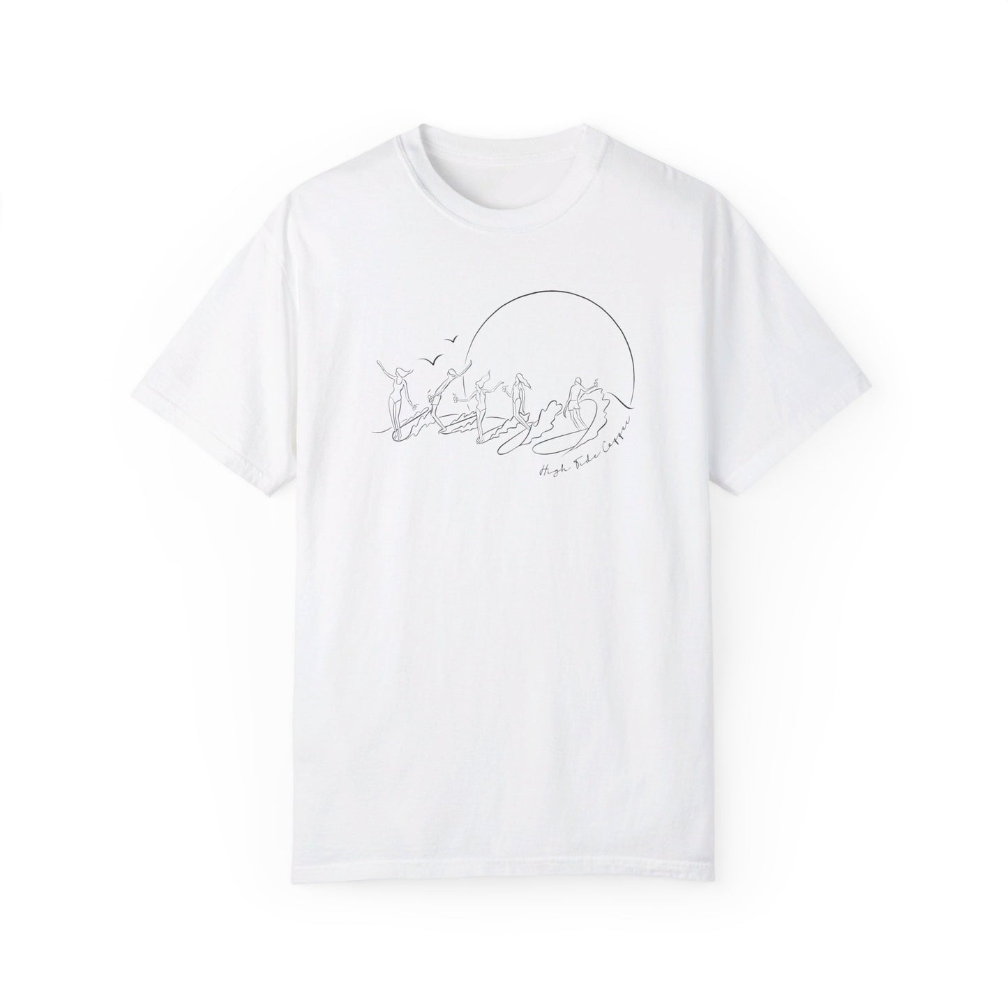 white Tee Shirt with five surfers on one wave