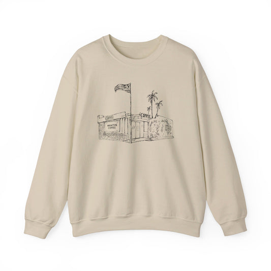 tan sweatshirt with picture of a coffee shop on it